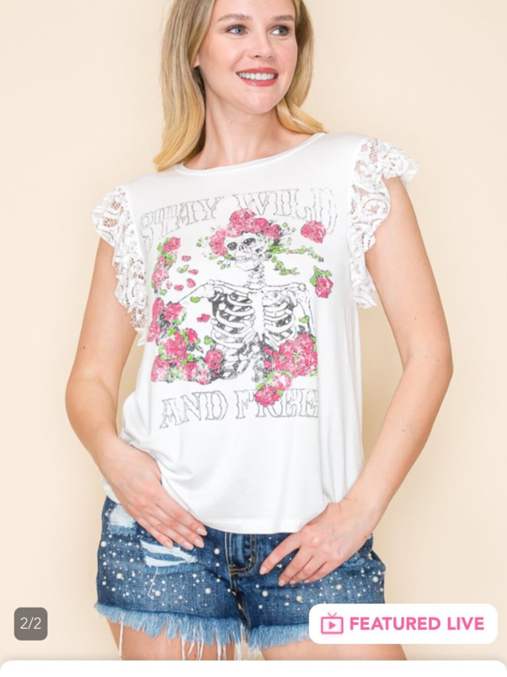 Vocal - Skull Rose Graphic Tank Top with Lace Ruffle - White - !X - NWT